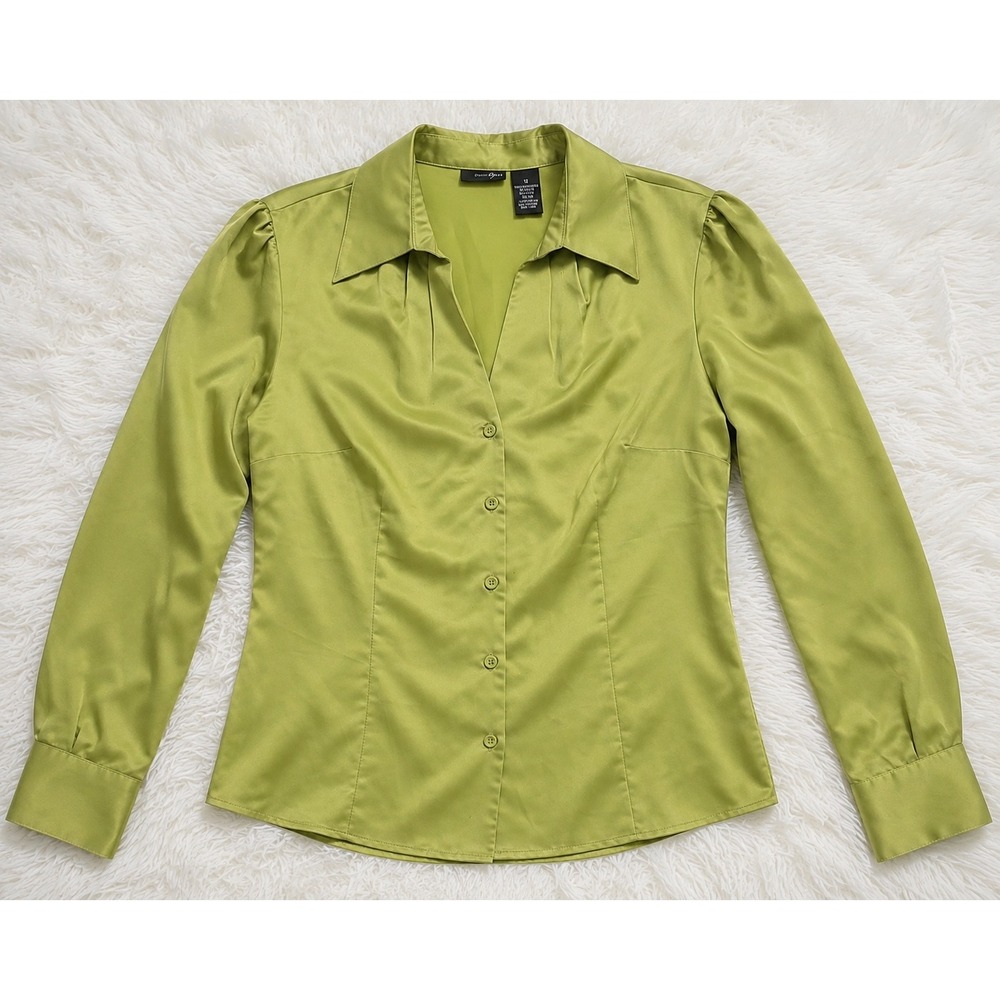 East 5th Size 12 Chartreuse Lime Green Satin Blouse Button Front Long Sleeve